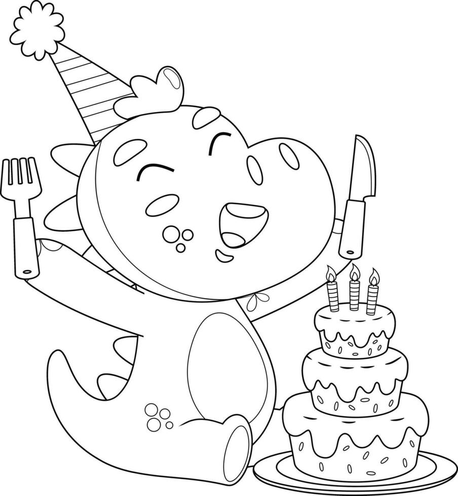 Outlined Happy Dinosaur Cartoon Character Is Looking At A Birthday Cake With A Fork And Knife vector