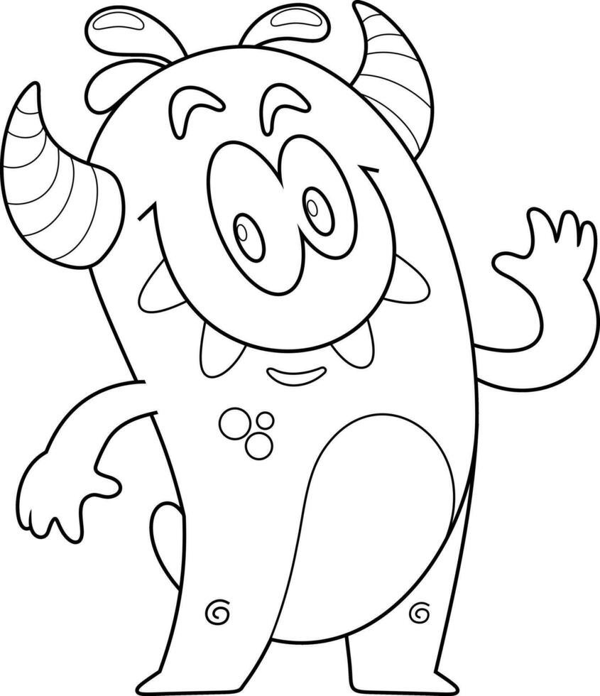 Outlined Cute Monster Cartoon Character Waving For Greeting. Vector Hand Drawn Illustration