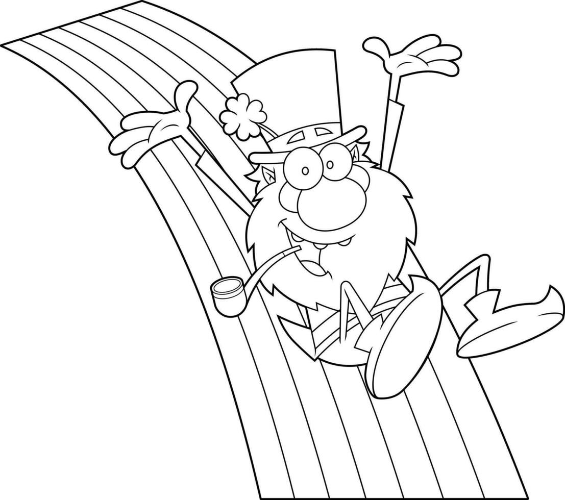 Outlined Happy Leprechaun Cartoon Character Riding A Rainbow. Vector Hand Drawn Illustration