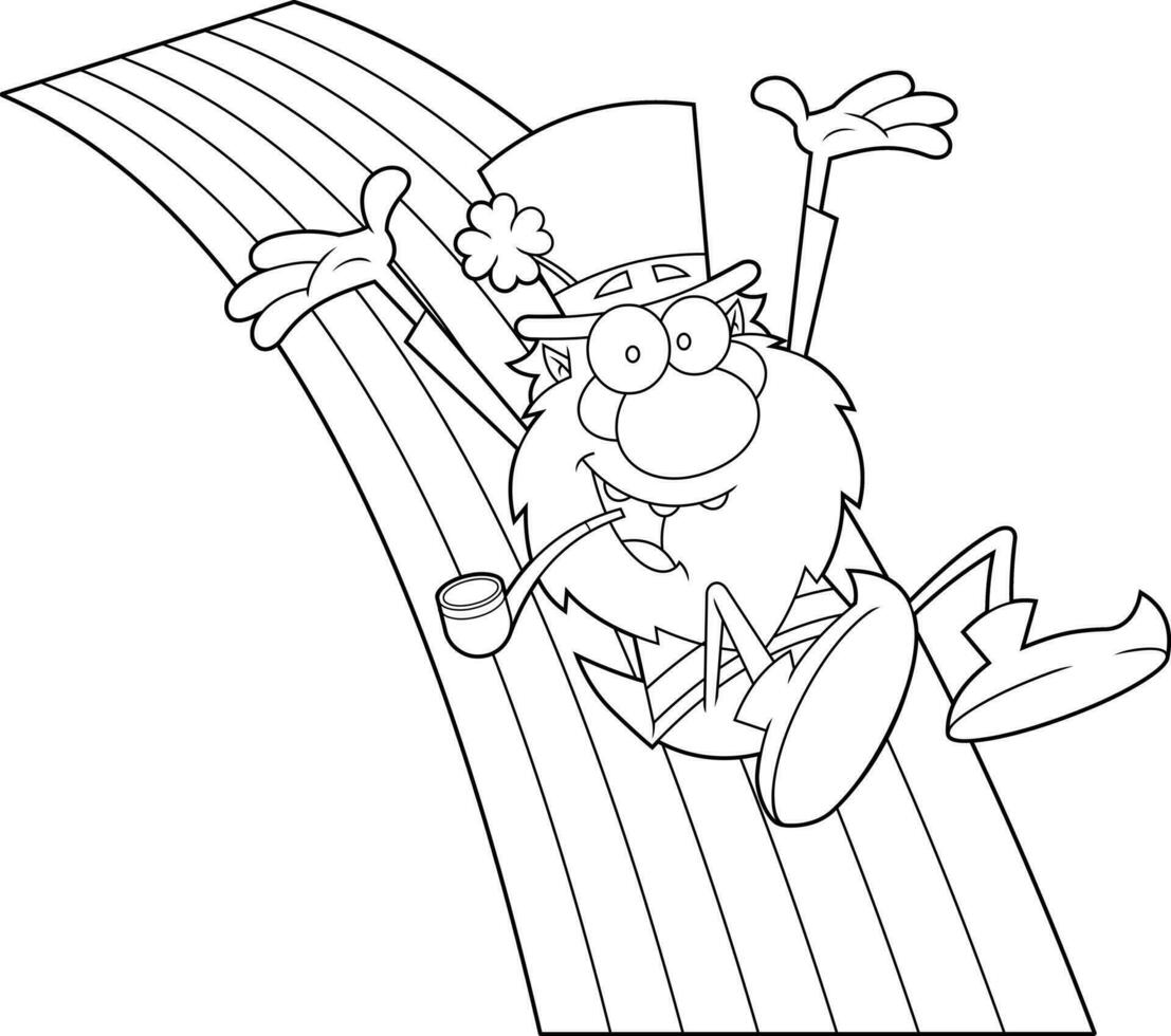 Outlined Happy Leprechaun Cartoon Character Riding A Rainbow. Vector Hand Drawn Illustration