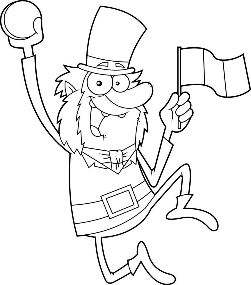 Outlined Lucky Leprechaun Cartoon Character Jumping With Golden Coin And Irish Flag. Vector Hand Drawn Illustration