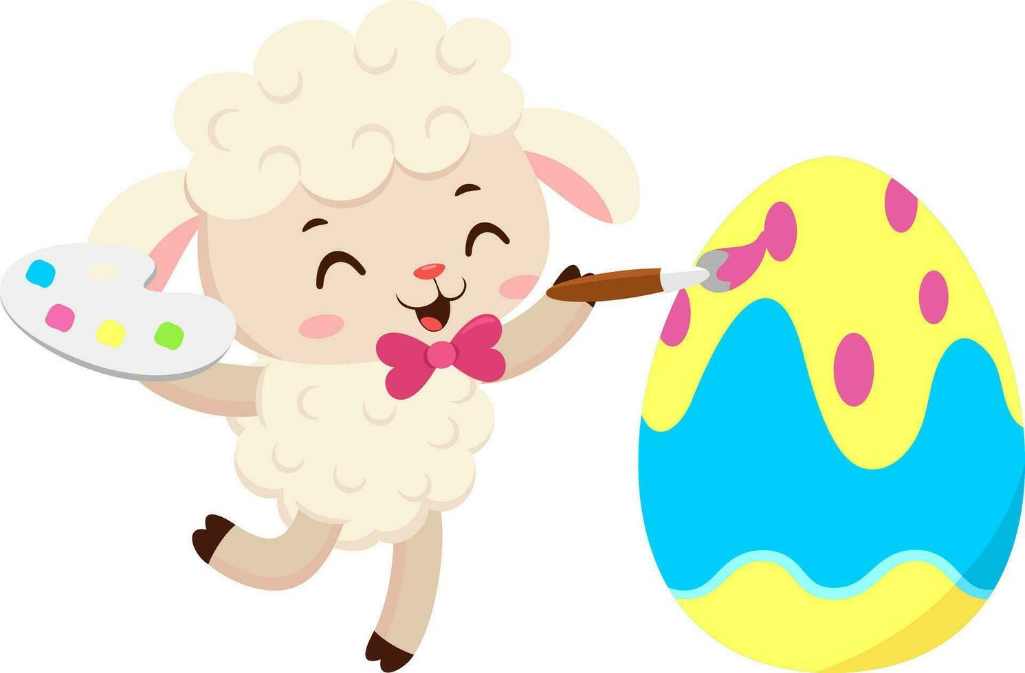 Cute Little Sheep Cartoon Character Painting Colorful Easter Egg. Vector Illustration Flat Design