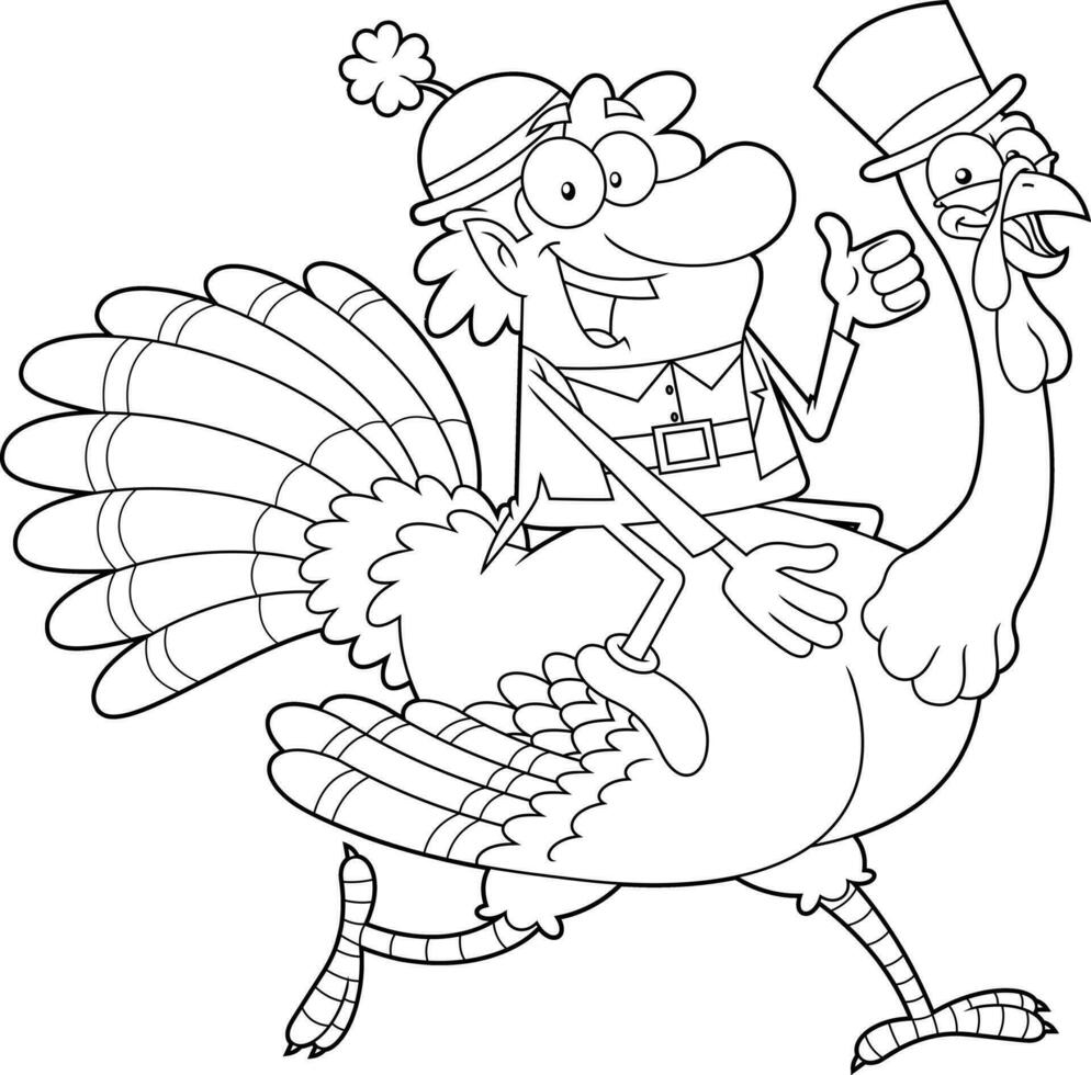 Outlined Happy Leprechaun Cartoon Character Riding A Turkey And Giving The Thumbs Up vector