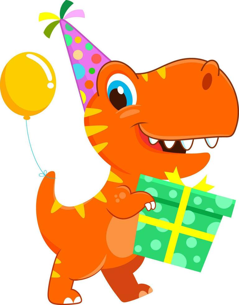 Funny Birthday Dinosaur Cartoon Character With A Party Hat Holding A Gift Box. Vector Illustration Flat Design