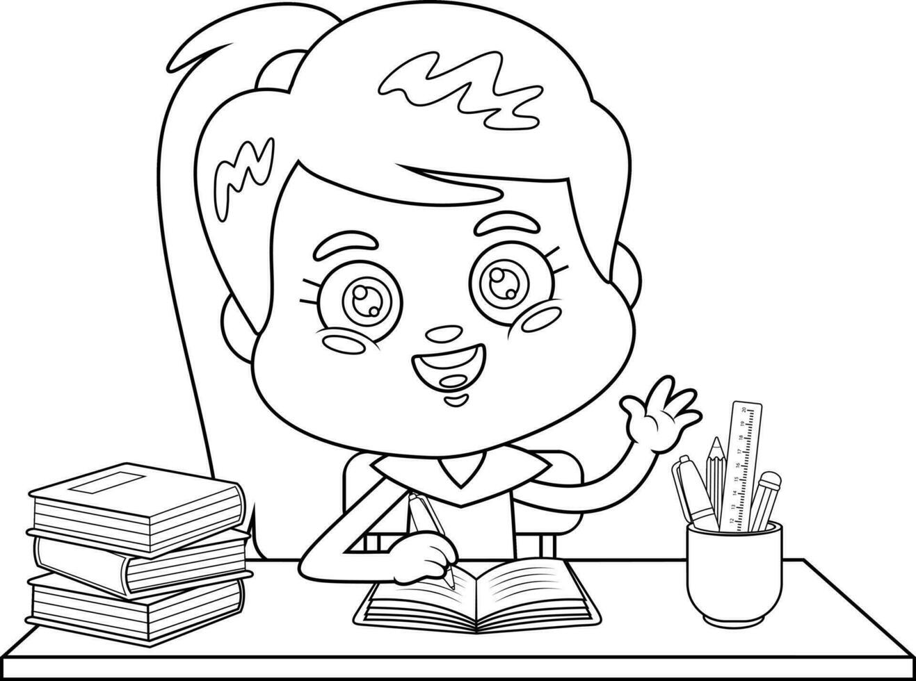 Outlined Cute School Girl Cartoon Character Raising Hand In Classroom Sitting At Desk. Vector Hand Drawn Illustration