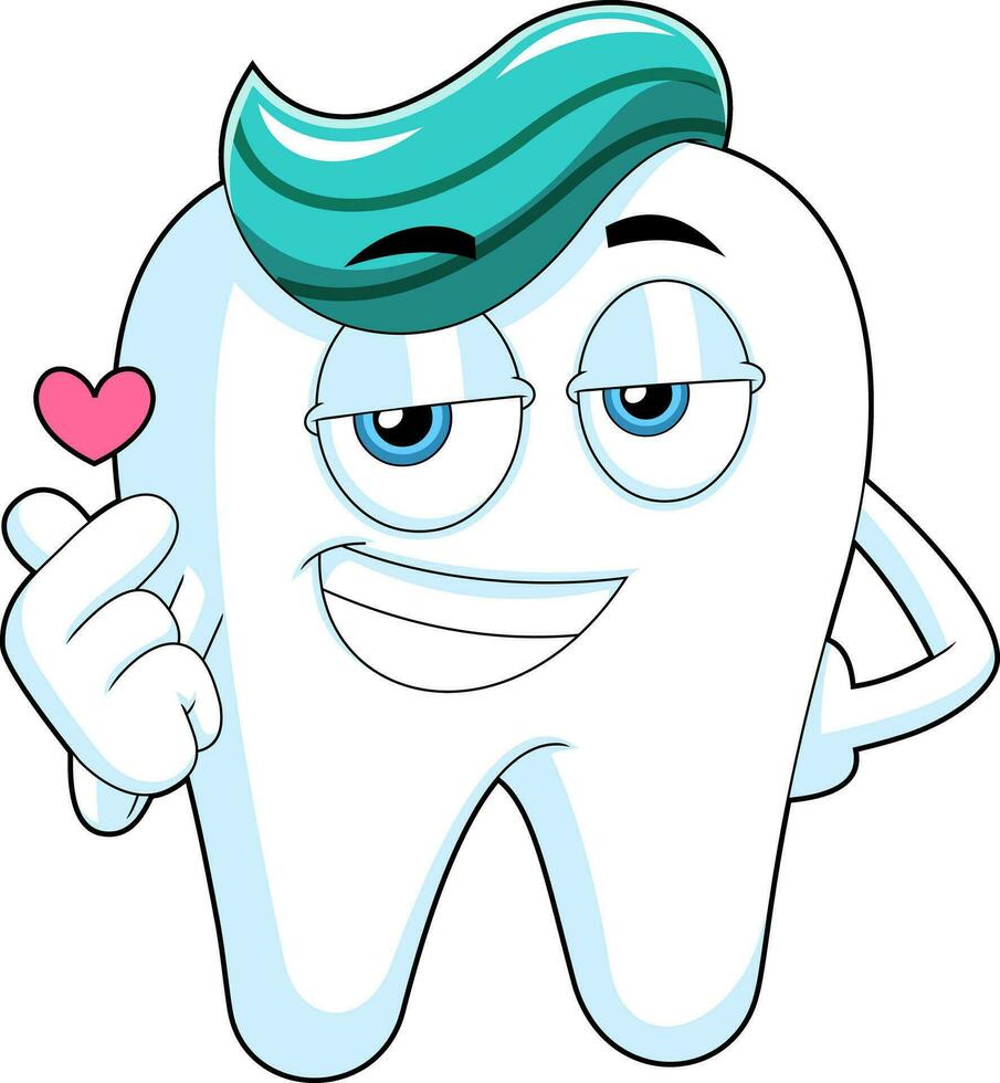 Smiling Tooth Cartoon Character Giving Heart. Vector Hand Drawn Illustration