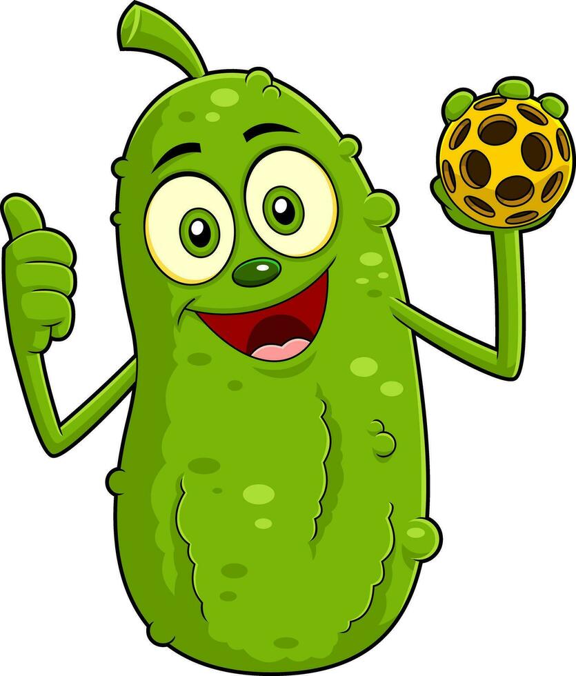 Cute Pickle Cartoon Character Giving A Thumb Up And Holding A Pickleball Ball. Vector Hand Drawn Illustration