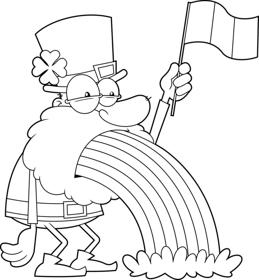 Outlined Funny Leprechaun Cartoon Character Throwing Up Rainbows And Waving An Irish Flag vector