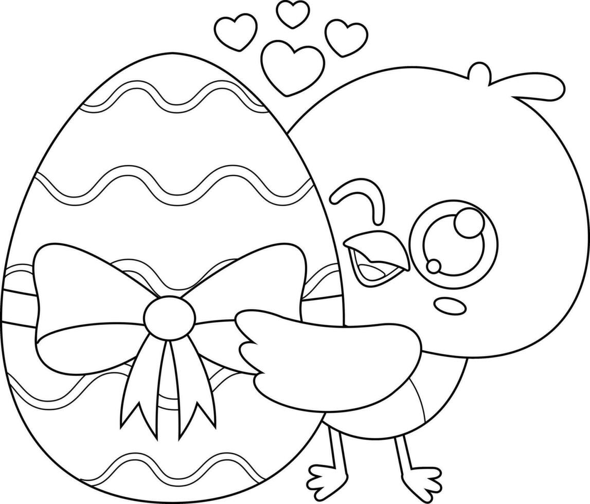 Outlined Cute Chick Cartoon Character Showing An Easter Egg. Vector Hand Drawn Illustration