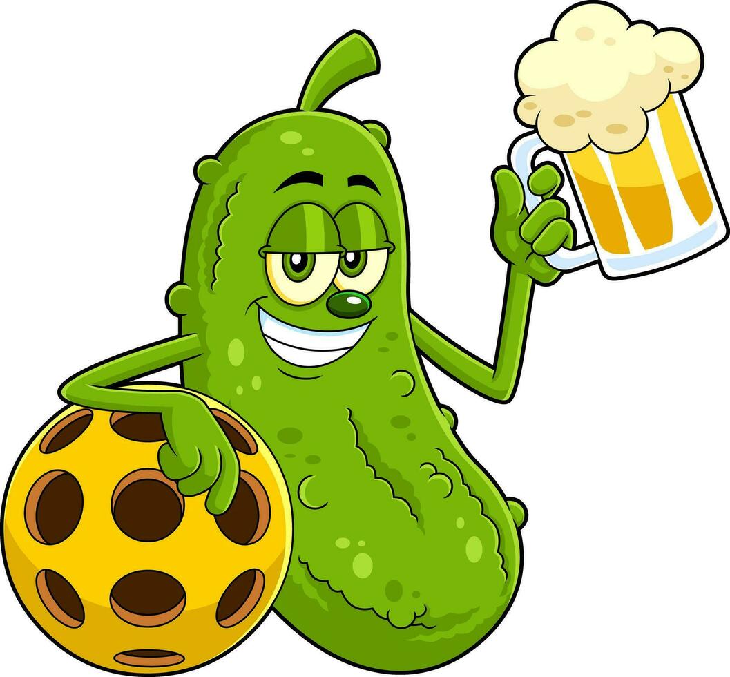 Funny Pickle Cartoon Character With Pickleball Ball Holding A Glass Of Beer. Vector Hand Drawn Illustration