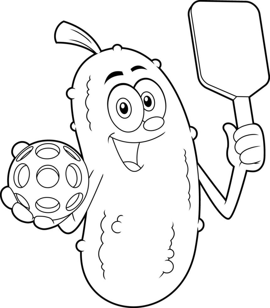 Outlined Smiling Pickle Cartoon Character Holding A Pickleball Ball And Paddle Racket. Vector Hand Drawn Illustration