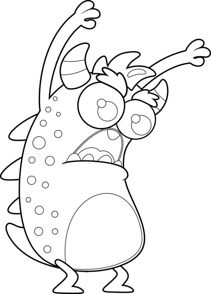 Outlined Cute Scary Monster Cartoon Character Holding His Arms Up. Vector Hand Drawn Illustration