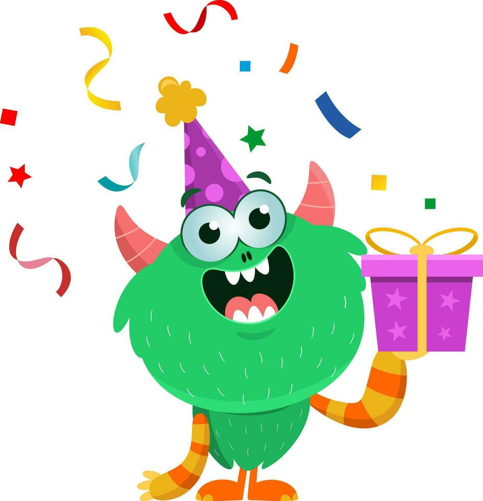 Birthday Monster Cartoon Character With Gift Box. Vector Illustration Flat Design