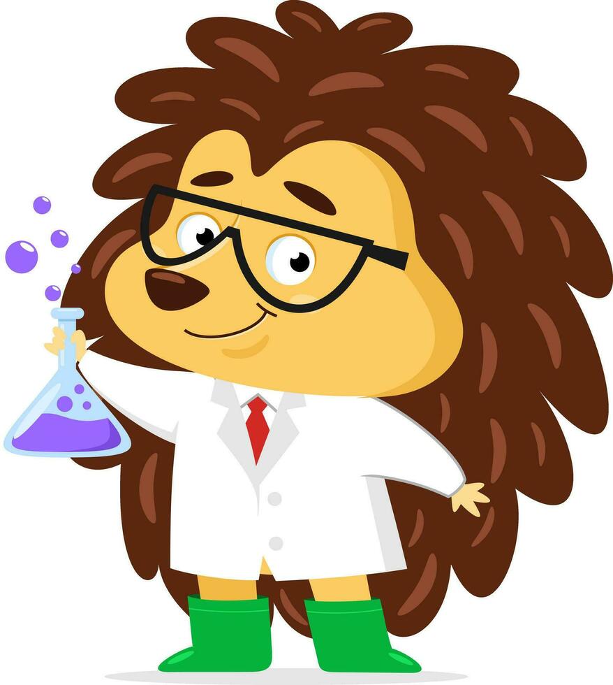 Hedgehog Science Professor Cartoon Character Holding Flask Solvent. Vector Illustration Flat Design