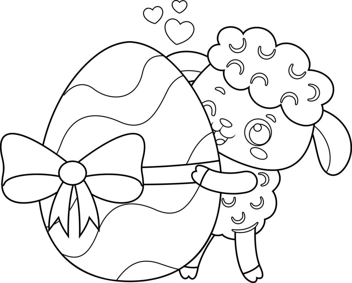 Outlined Cute Little Sheep Cartoon Character Showing An Easter Egg. Vector Hand Drawn Illustration