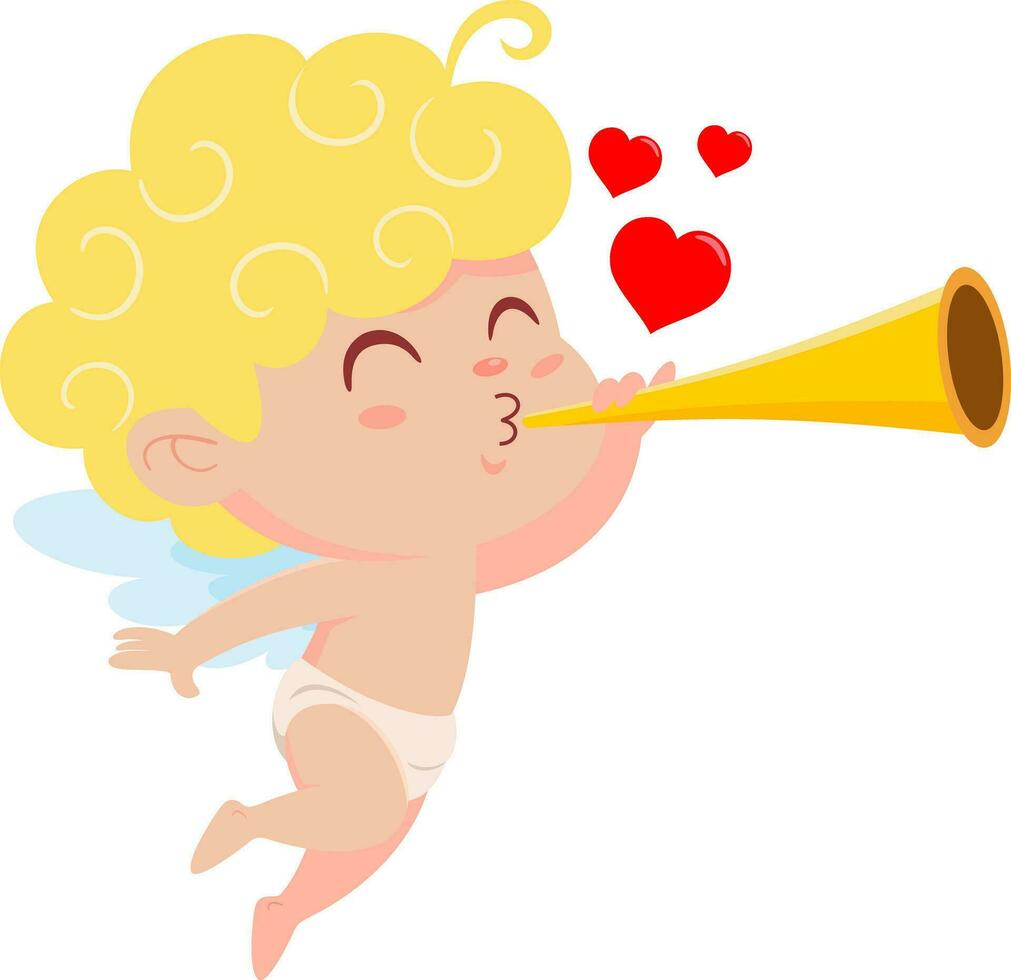 Cute Cupid Angel Cartoon Character Playing Pipe. Vector Illustration Flat Design