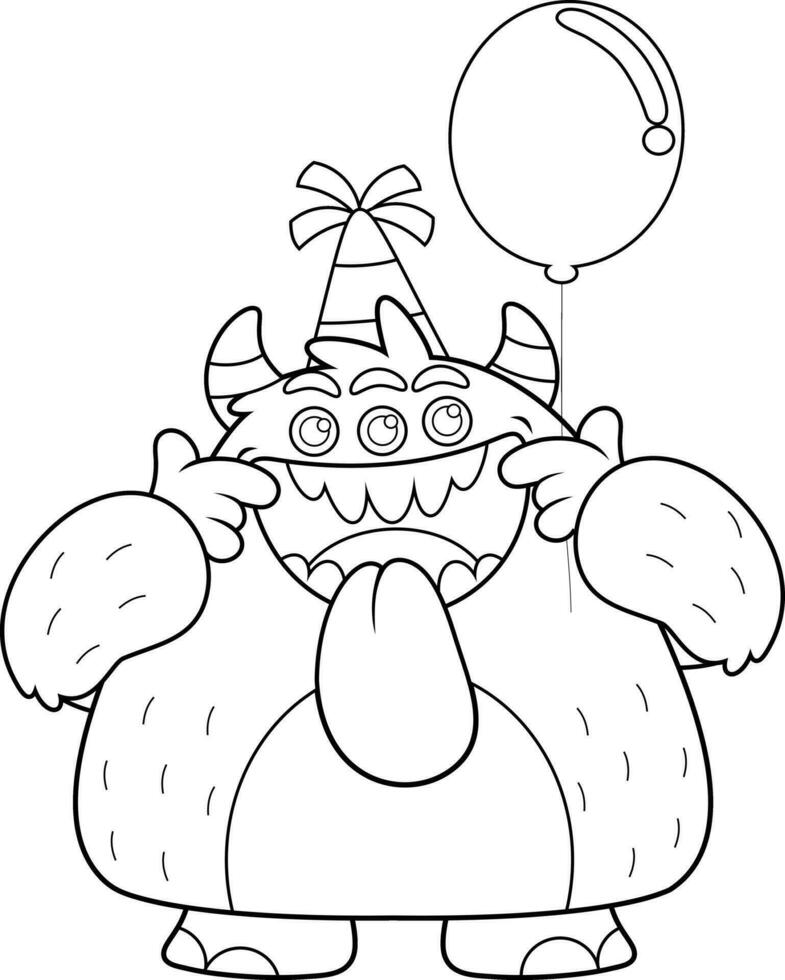 Outlined Birthday Monster Cartoon Character Making A Funny Face. Vector Hand Drawn Illustration