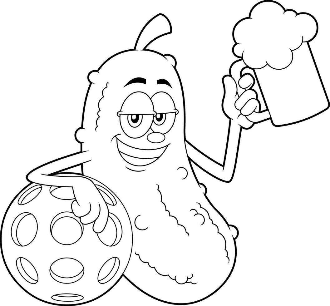 Outlined Funny Pickle Cartoon Character With Pickleball Ball Holding A Glass Of Beer. Vector Hand Drawn Illustration