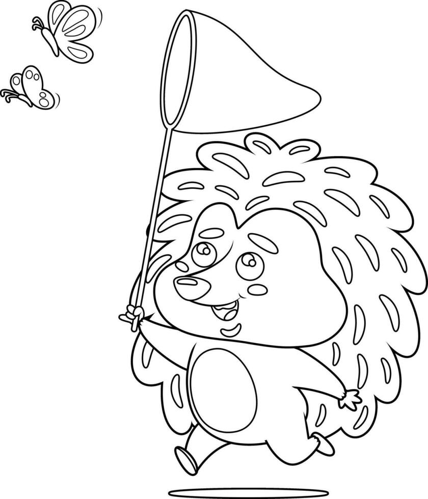 Outlined Cute Hedgehog Cartoon Character Catching A Butterfly With A Net. Vector Hand Drawn Illustration