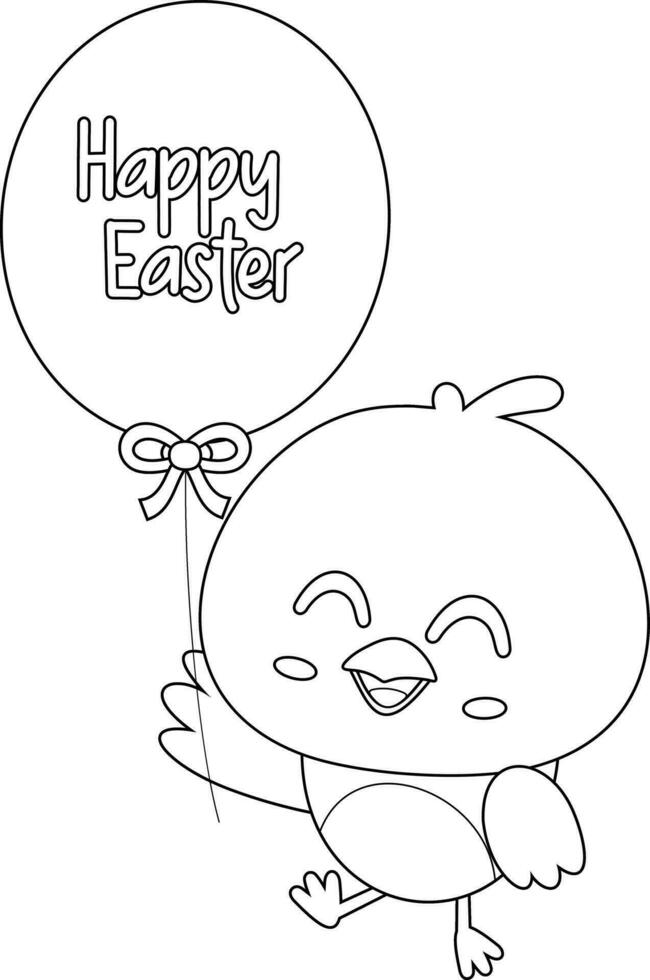 Outlined Cute Chick Cartoon Character Holding Balloon With Text Happy Easter. Vector Hand Drawn Illustration