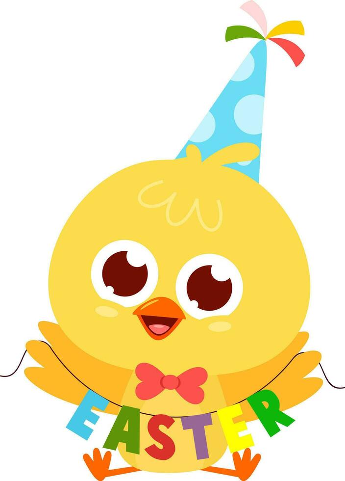 Cute Yellow Chick Cartoon Character With Sign Easter. Vector Illustration Flat Design