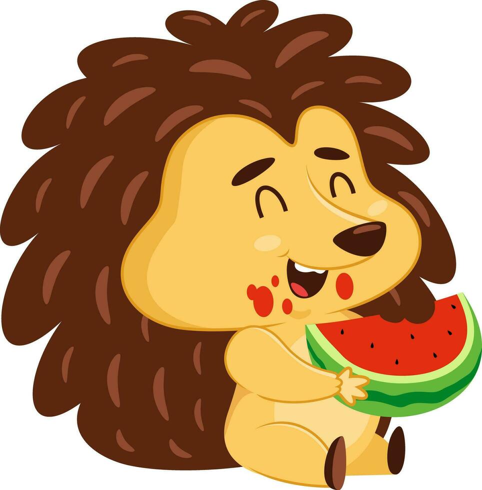 Funny Hedgehog Cartoon Character Eating Watermelon. Vector Illustration Flat Design