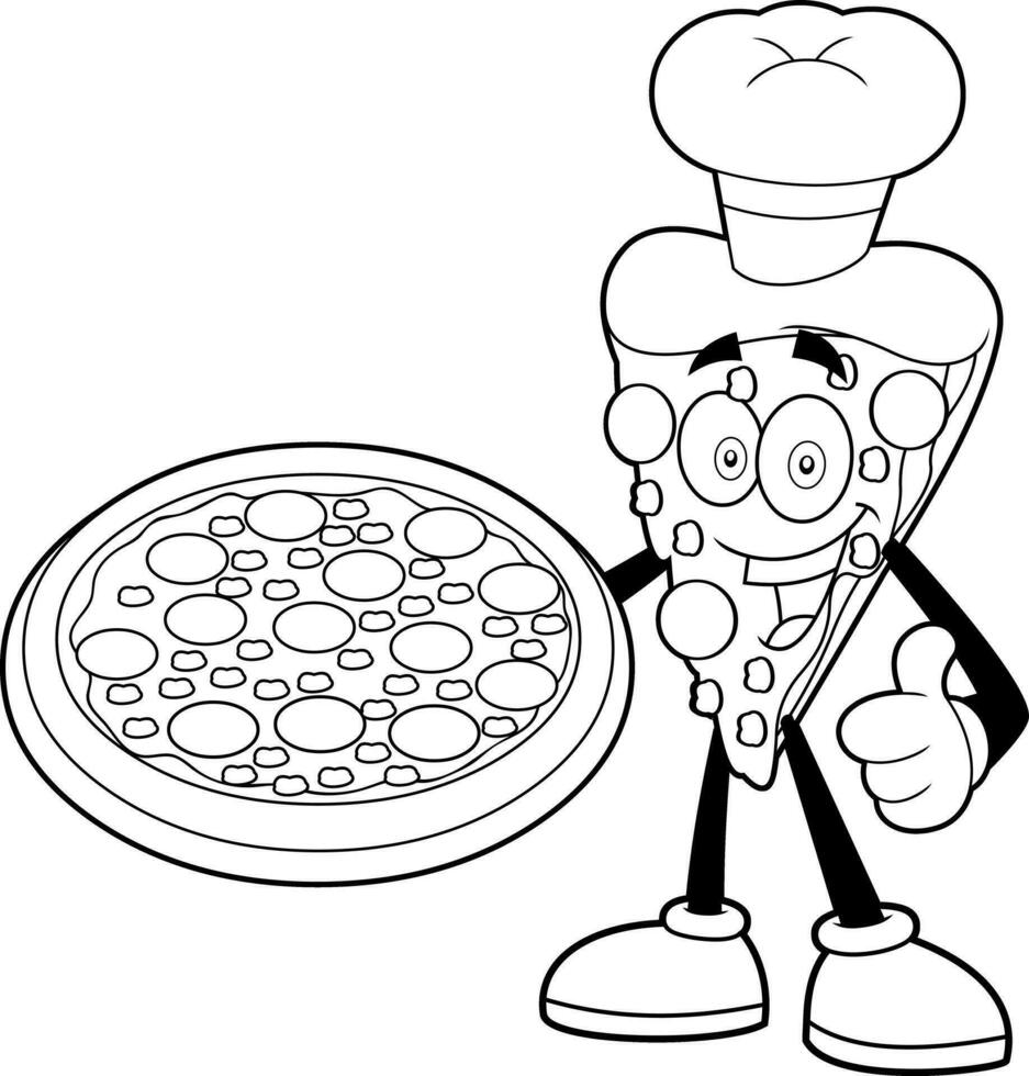 Outlined Chef Pizza Slice Cartoon Character Present The Best Pepperoni Pizza vector