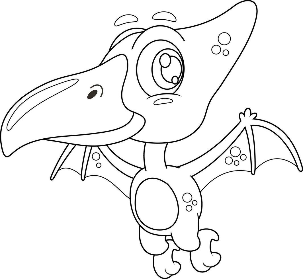 Outlined Cute Baby Pterodactyl Dinosaur Cartoon Character Flying In The Sky. Vector Hand Drawn Illustration