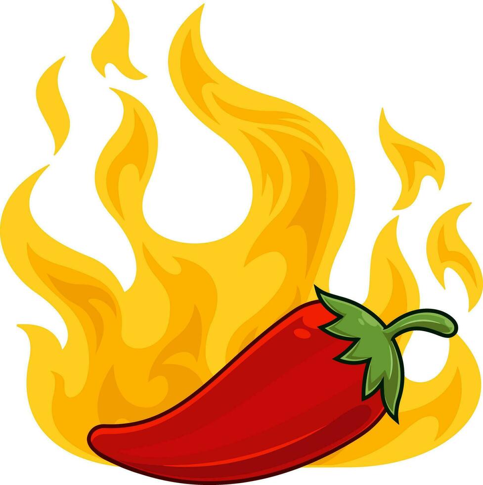 Cartoon Fresh Red Hot Chili Pepper With Flame. Vector Hand Drawn Illustration