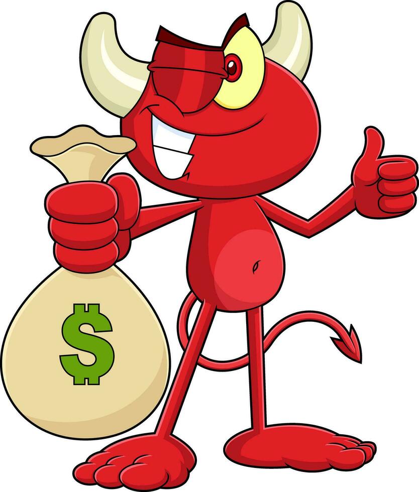 Winking Little Red Devil Cartoon Character Holding A Money Bag and Giving The Thumbs Up. Vector Hand Drawn Illustration