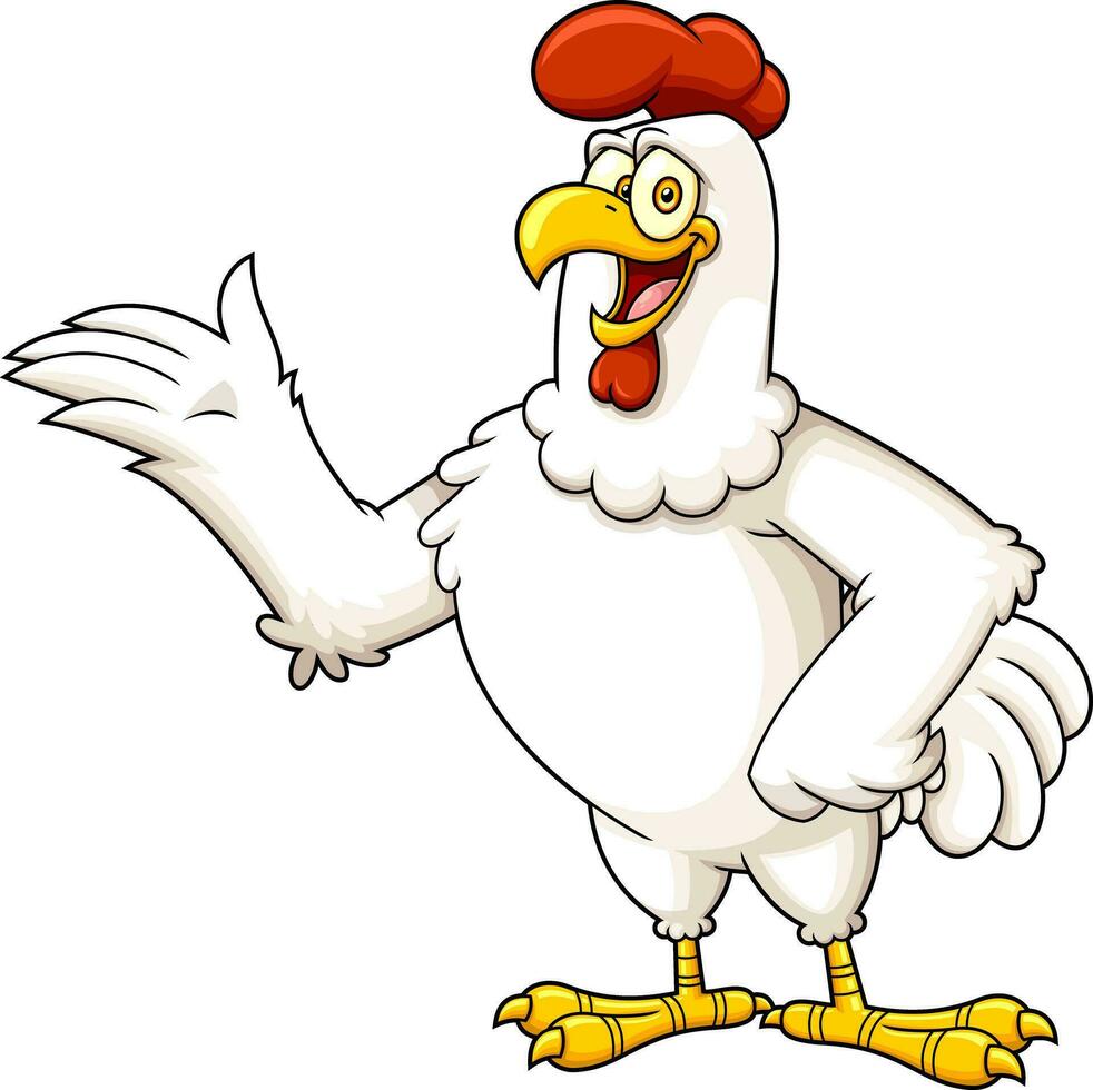 Funny Chicken Rooster Cartoon Character Waving For Greeting. Vector Hand Drawn Illustration