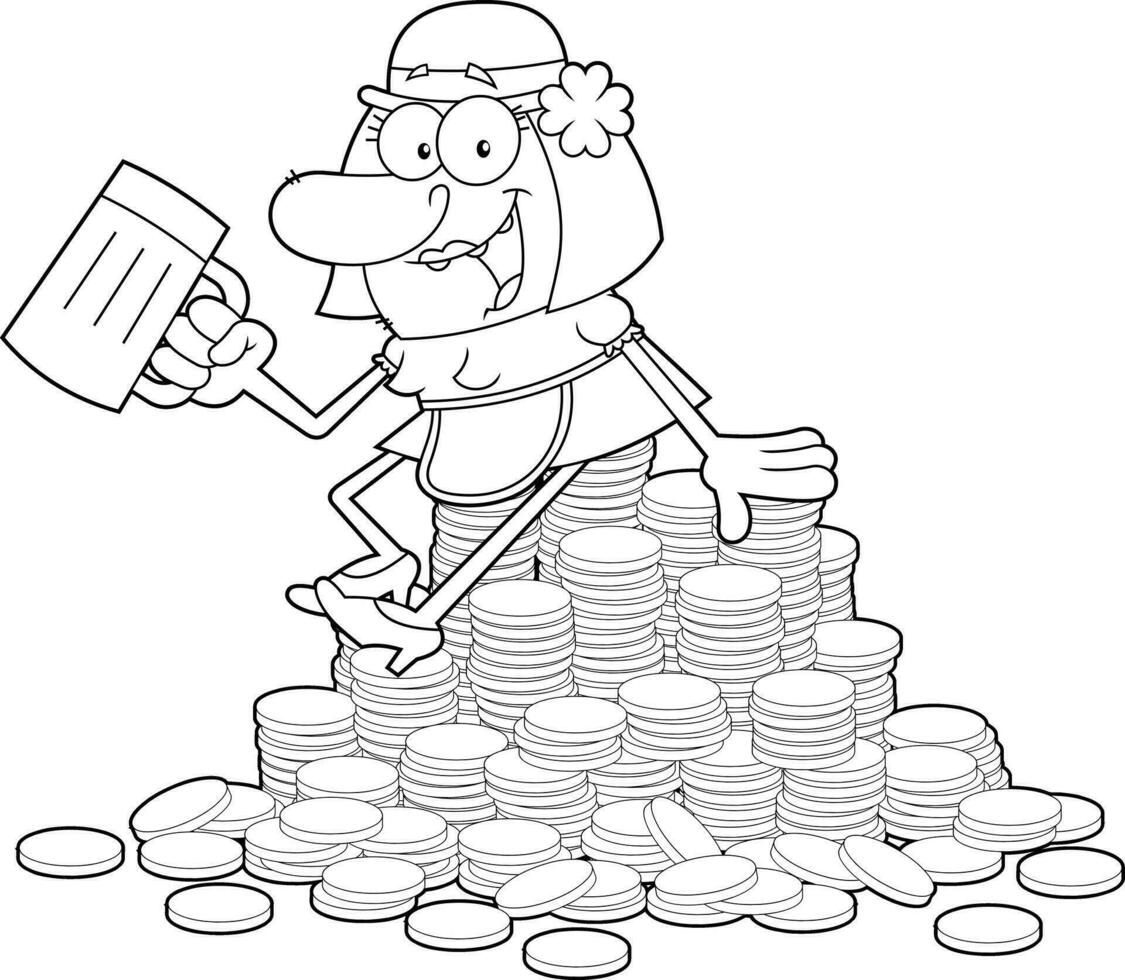 Outlined Happy Leprechaun Woman Cartoon Character With A Mug of Beer Sits On A Pile Of Gold Coins vector