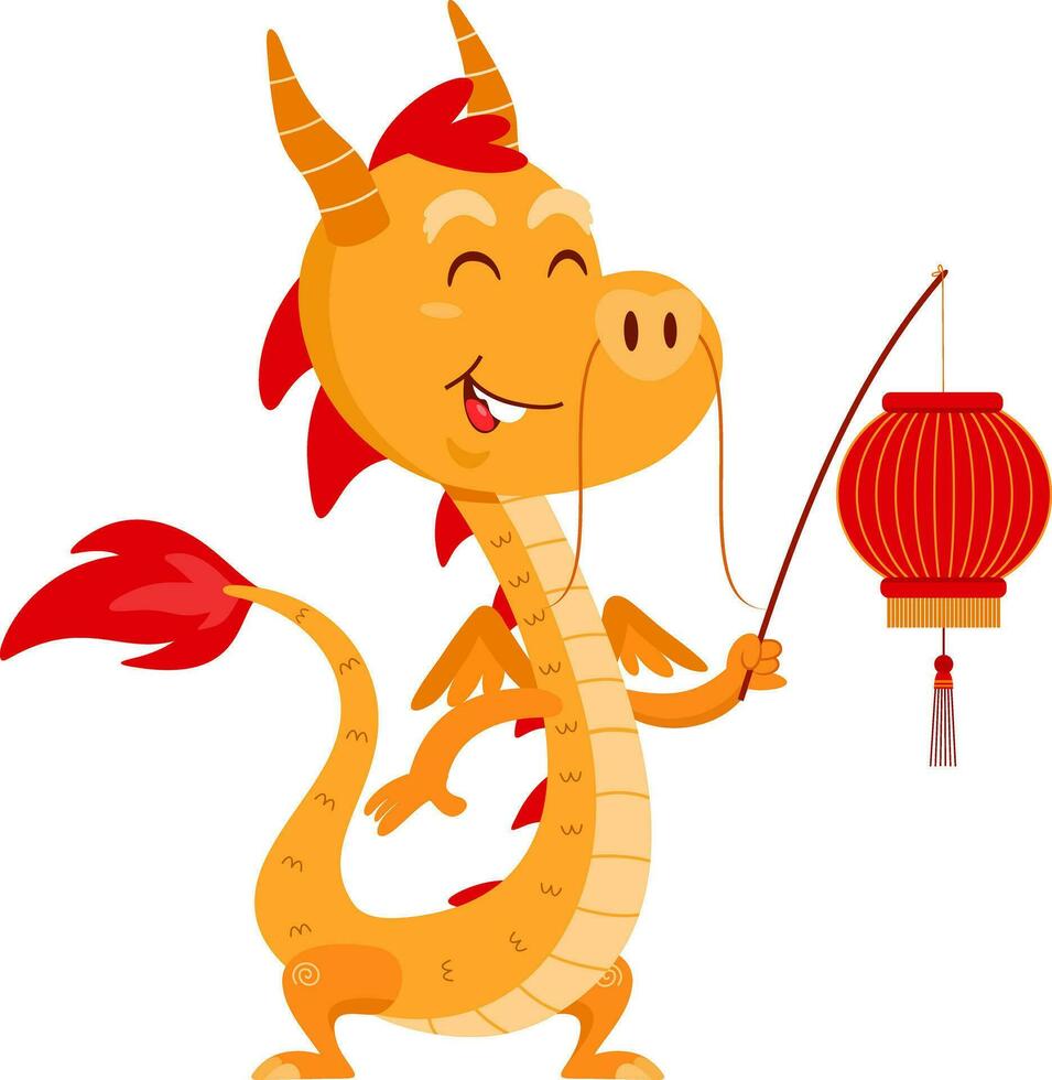 Cute Chinese Dragon Cartoon Character With Lantern. Vector Illustration Flat Design