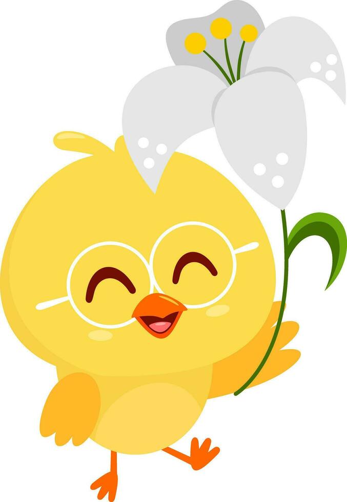 Cute Yellow Chick Cartoon Character Walking And Holding A Flower. Vector Illustration Flat Design