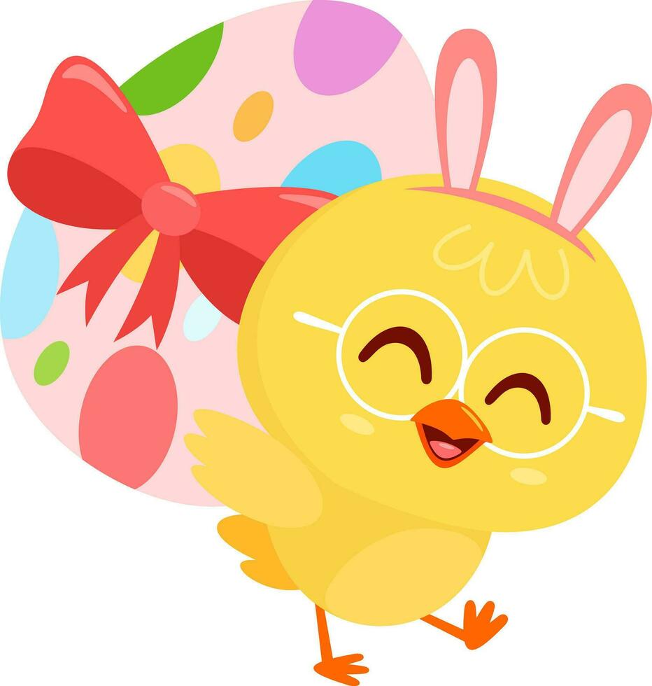 Cute Yellow Chick Cartoon Character Carrying Easter Egg. Vector Illustration Flat Design