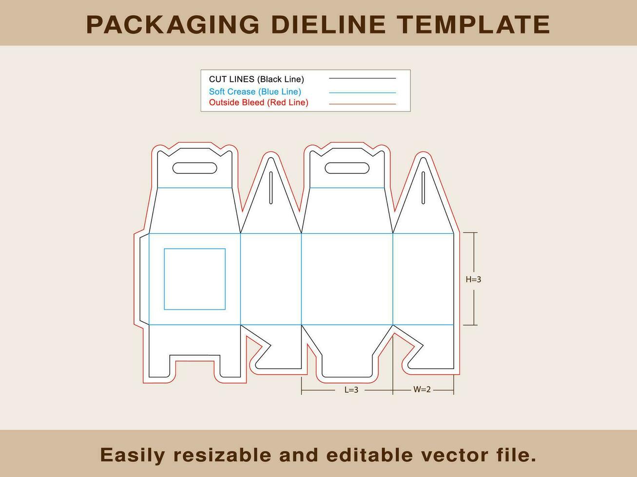 Gable Box With window, Box With Handle, Dieline Template vector