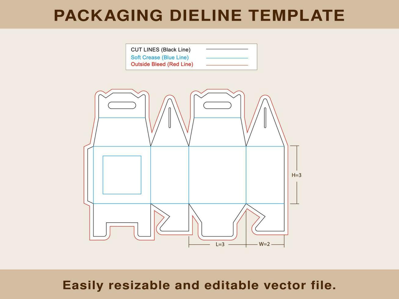 aguilón caja con ventana, caja con manejar, dieline modelo vector