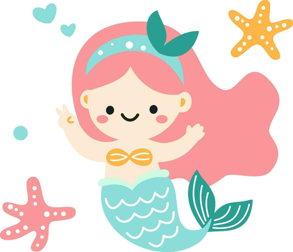 Children's vector illustration. Cute mermaid showing welcome sign.