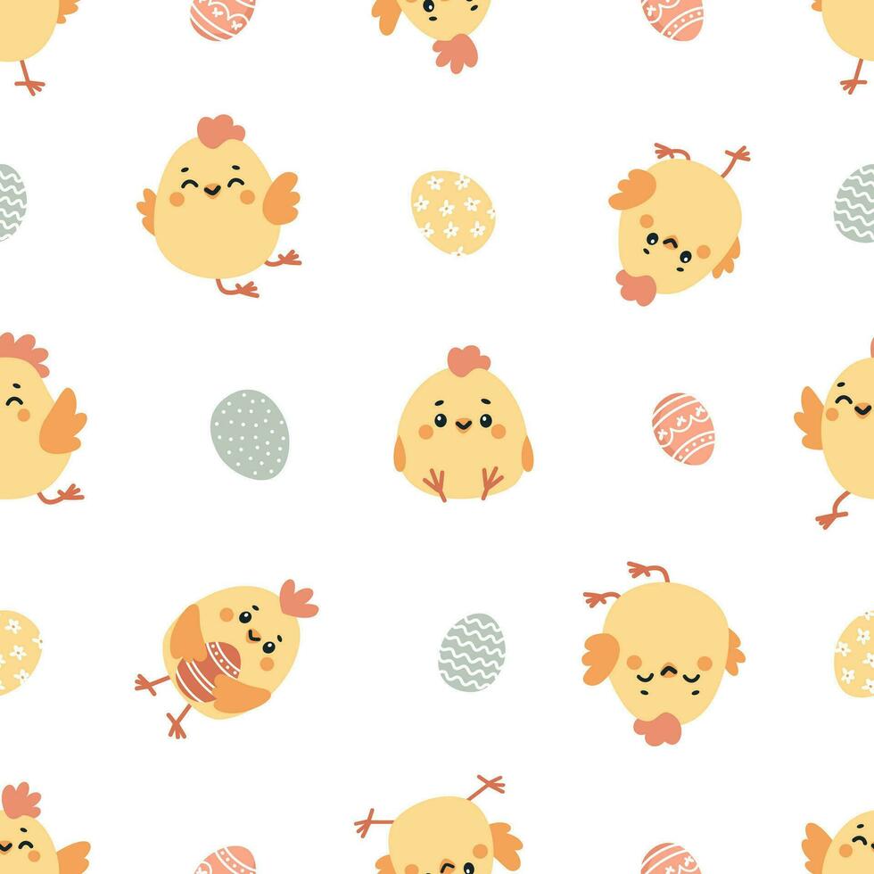 Seamless vector pattern on white background. Cute chicken and Easter eggs