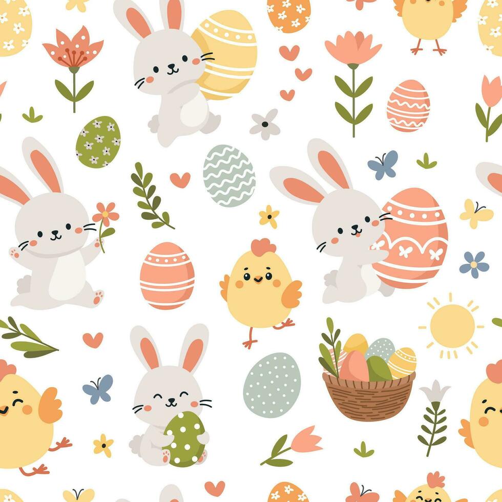 Seamless vector pattern for the holiday of bright Easter. Cute Easter bunnies, chickens, eggs, flowers and butterflies