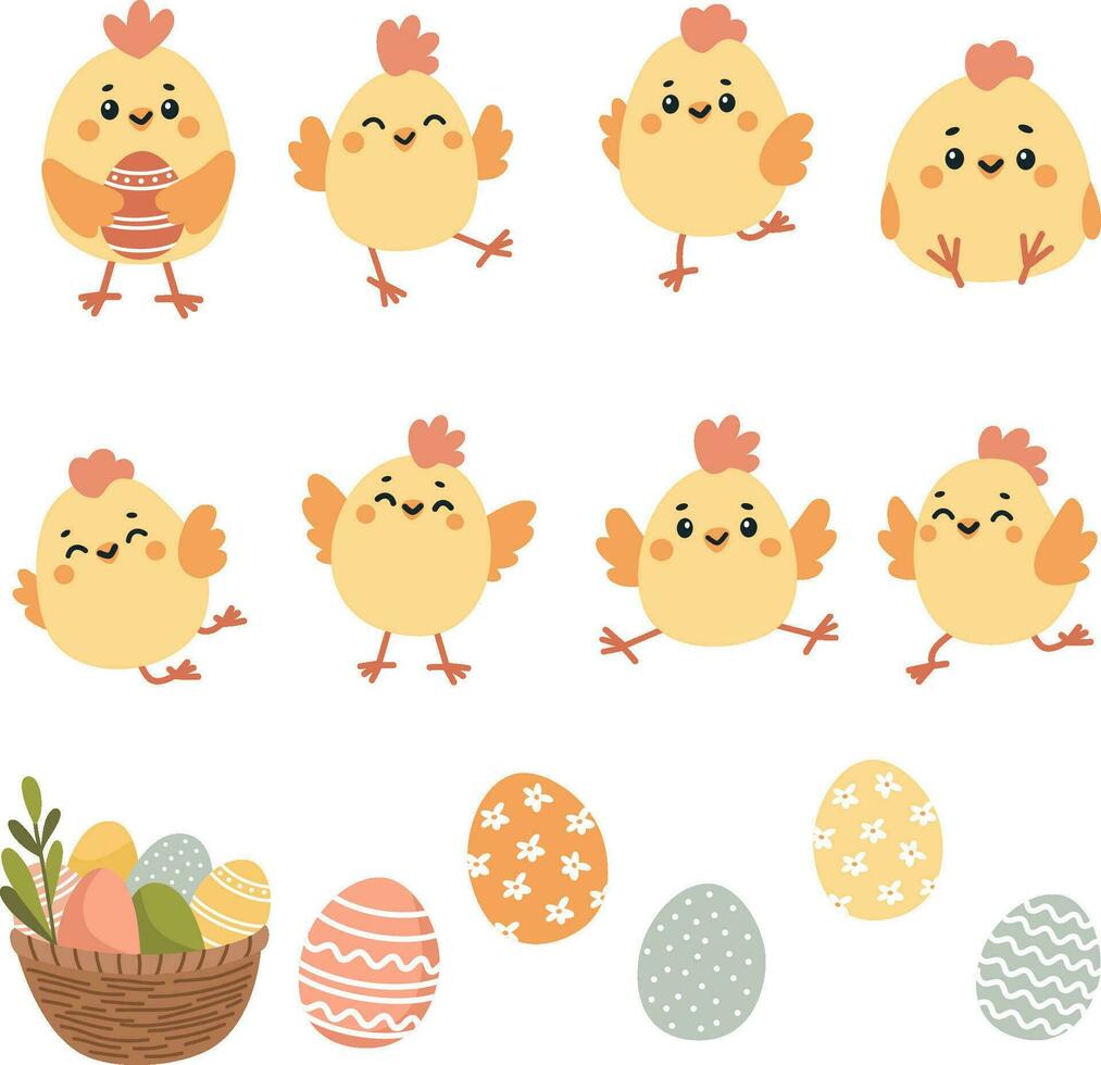 Vector set illustration for easter holiday. Cute Easter chickens, eggs and basket with Easter eggs