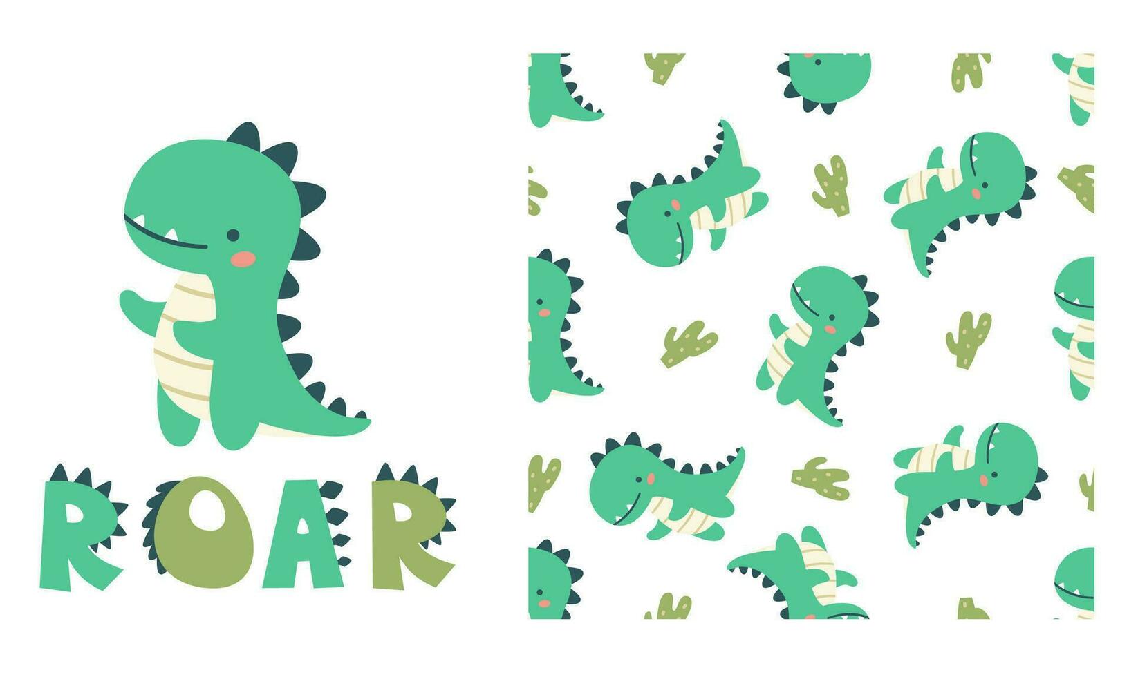 Set of vector templates for printing on children's products. Cute dinosaur and roar lettering. Seamless vector pattern with dinosaurs and cacti