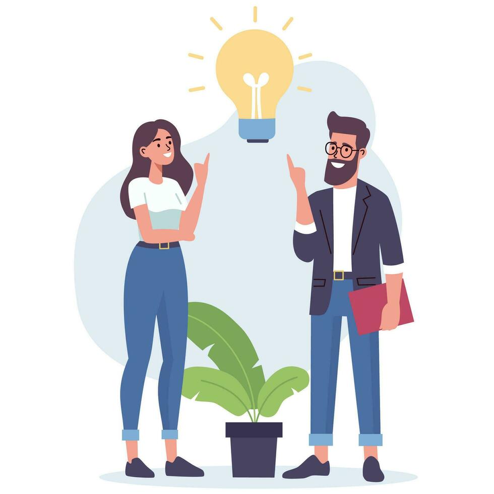 Flat vector illustration. Man and woman came to a common idea, concept of working together