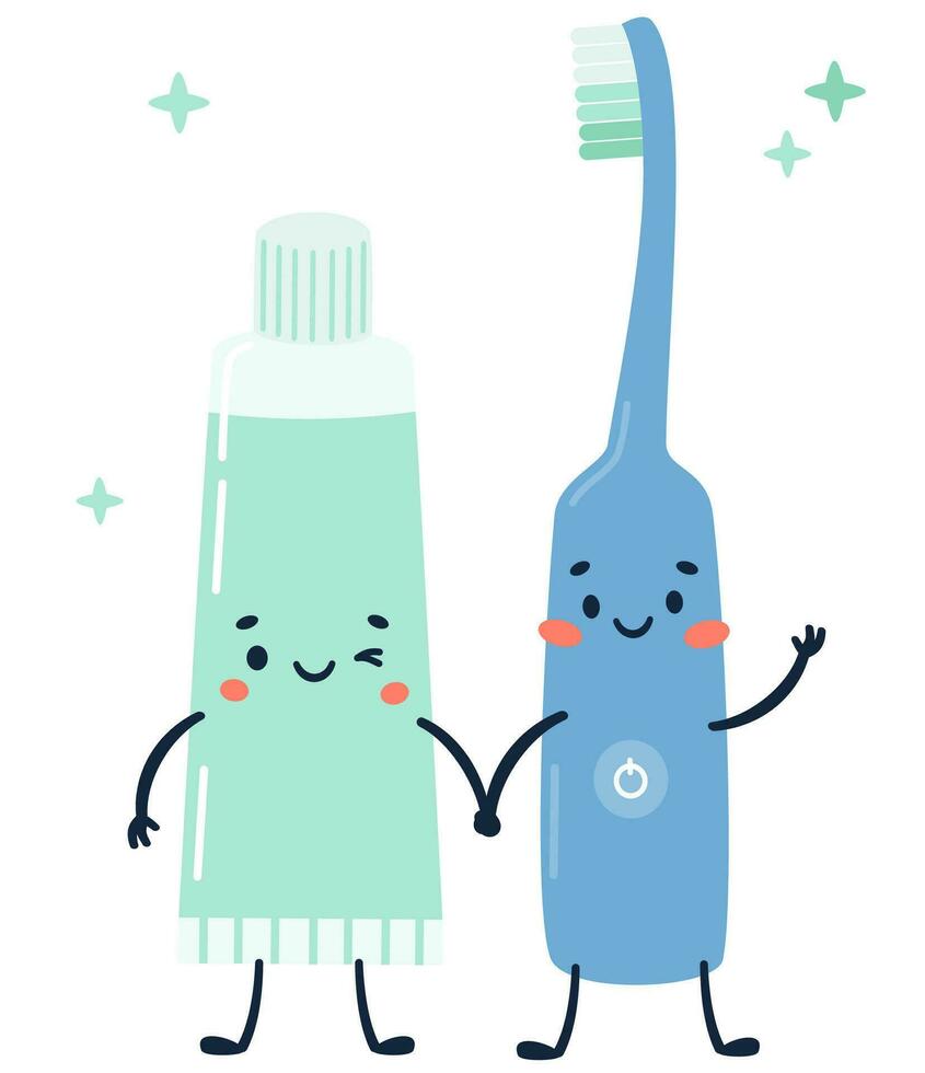 Flat vector illustration. Toothpaste with smiling face, toothpaste holds hands with an electric toothbrush. Child style, white background