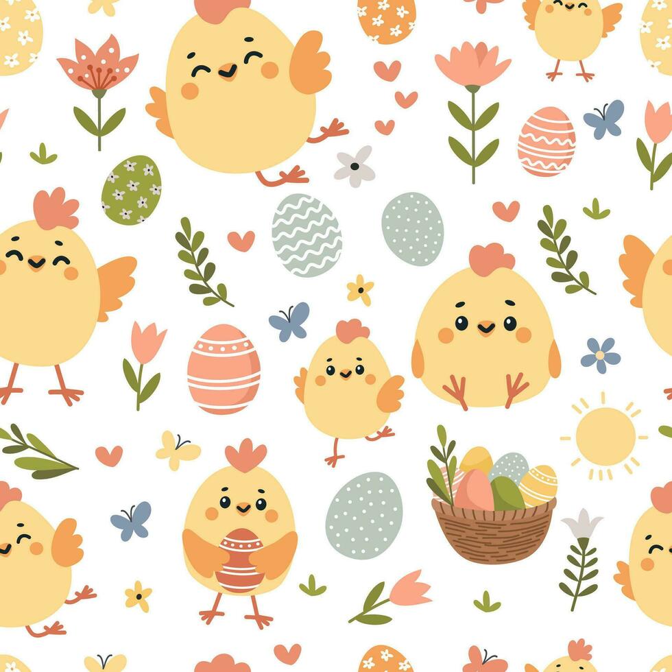 Seamless vector pattern for the holiday of bright Easter. Cute Easter chickens, eggs, flowers and butterflies
