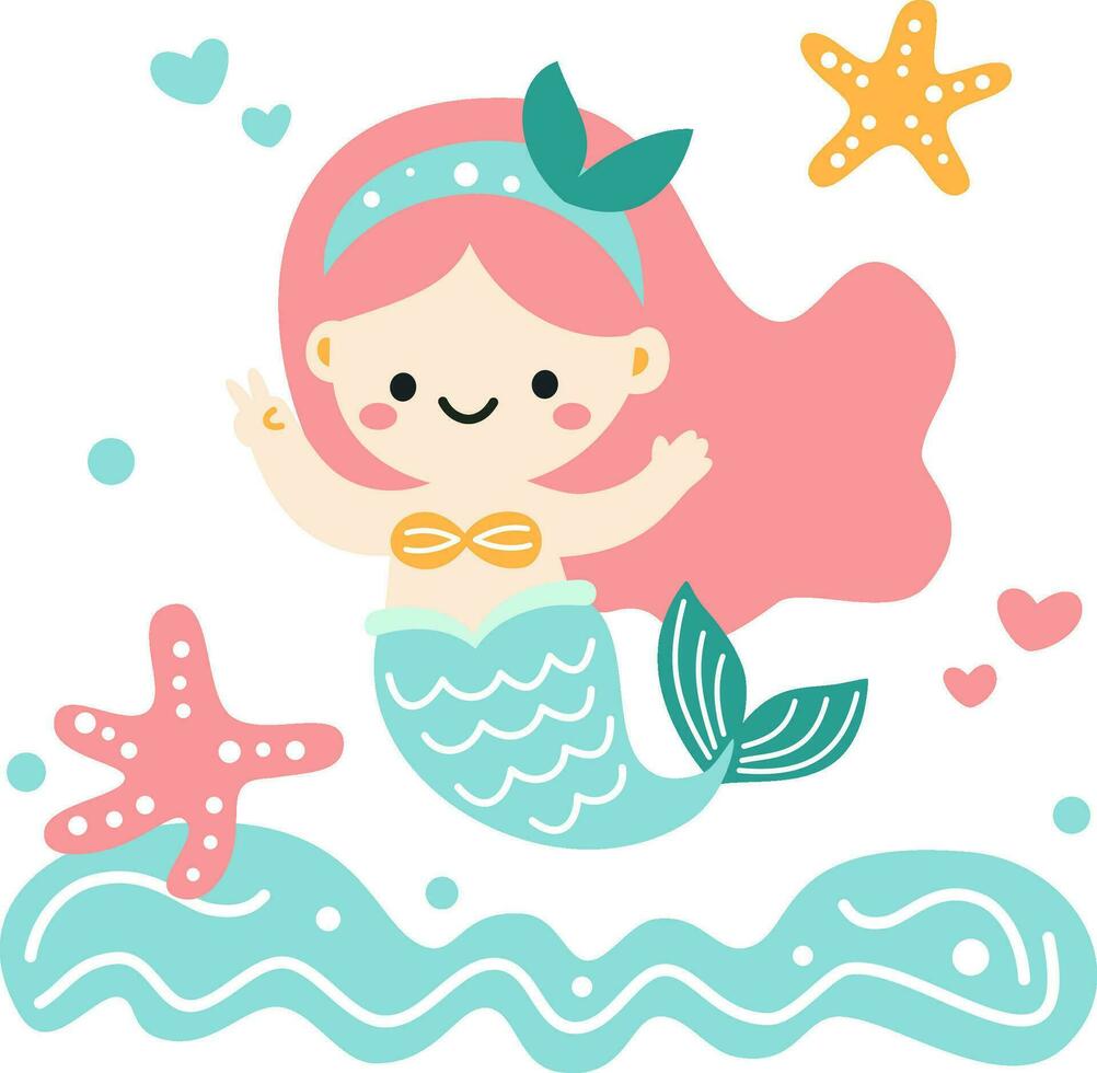 Children's vector illustration. Cute mermaid showing welcome sign. Waves and starfish