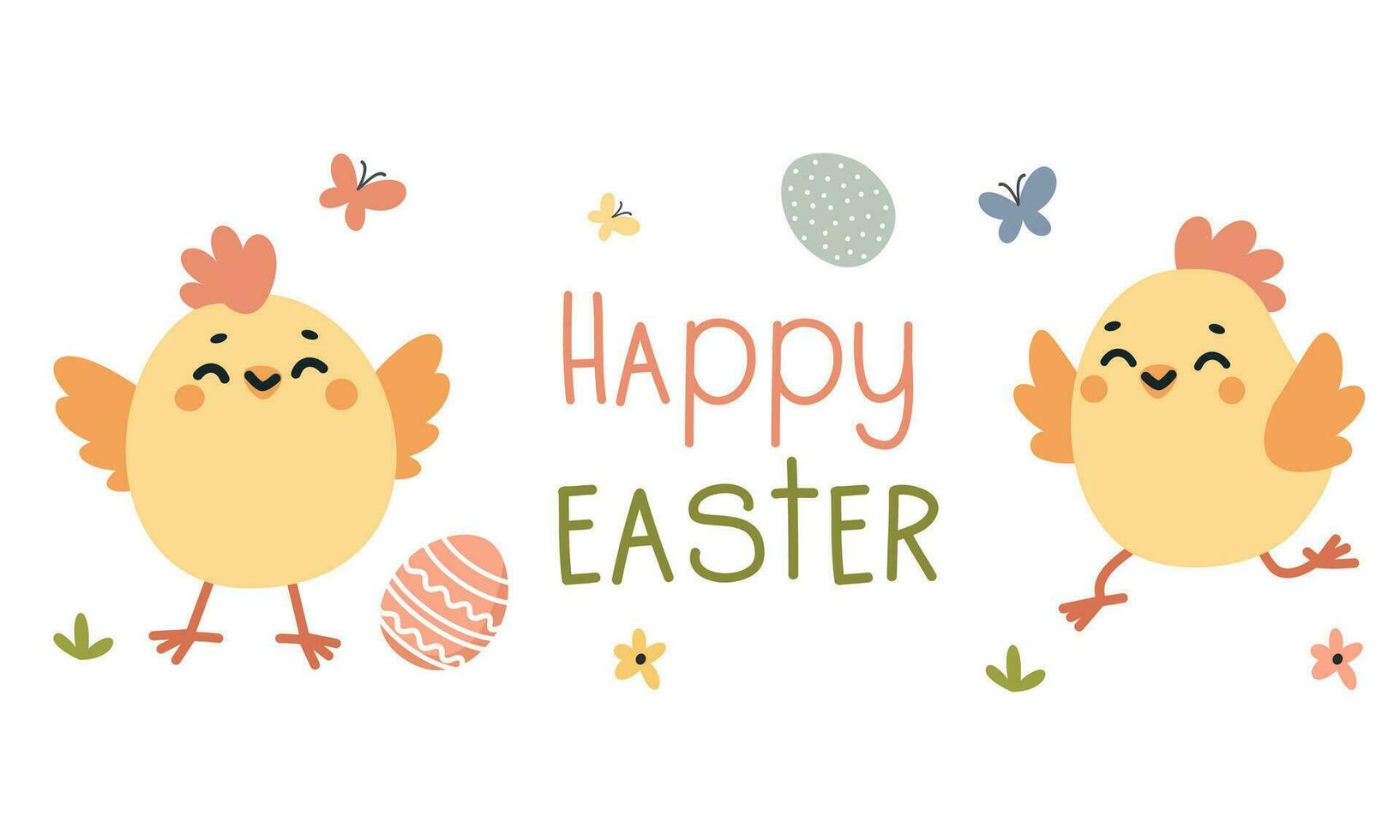 Cute banner on the theme of Easter holiday. Cute chickens and Easter eggs, the inscription Happy Easter. vector