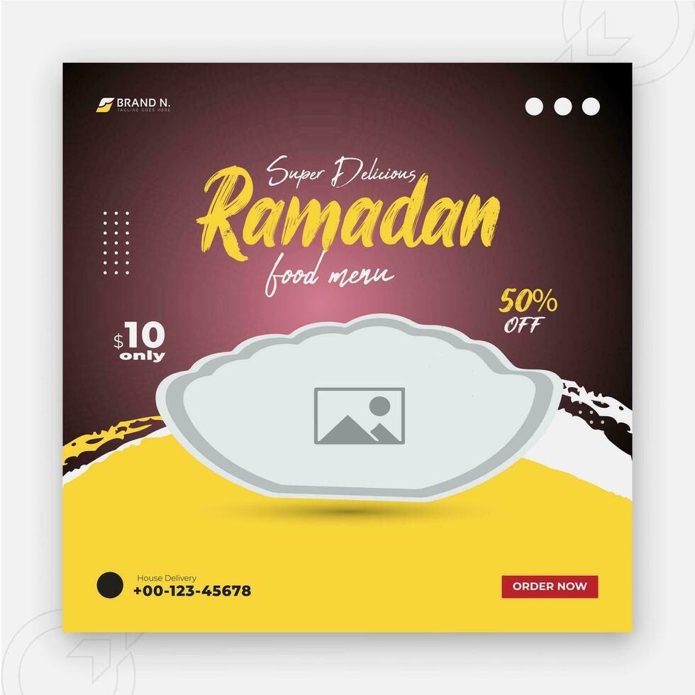 Special Ramadan Kareem Iftar date fall social media cover design, delicious Ramadan food menu post template, discount offer, restaurant web banner, abstract yellow color shape red background vector