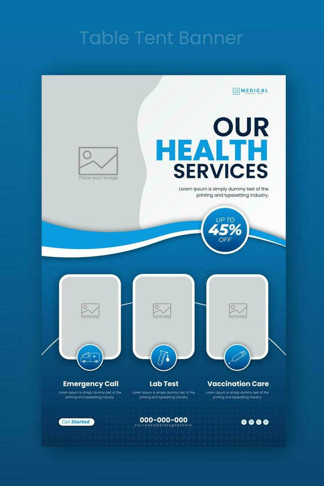 Medical healthcare table tent banner template. Display doctor service promotion on table, menu card for restaurant, billboard, rollup in abstract blue colorful shapes vector