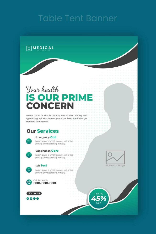 Medical healthcare table tent banner template. Display doctor service promotion on table, menu card for restaurant, billboard, rollup in abstract green color shapes vector